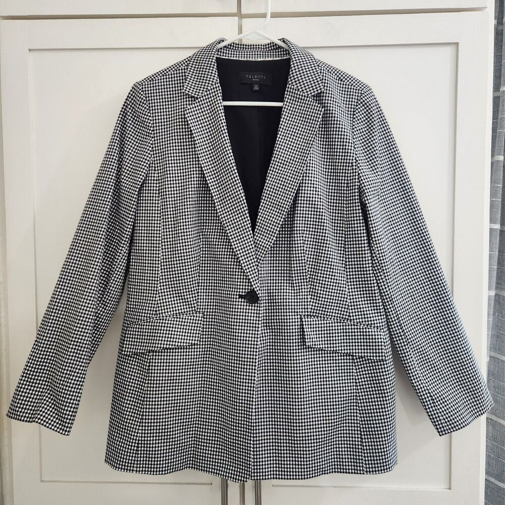 Talbots Gingham Blazer Jacket Petite Womens 14 Black White Office Suit Academia